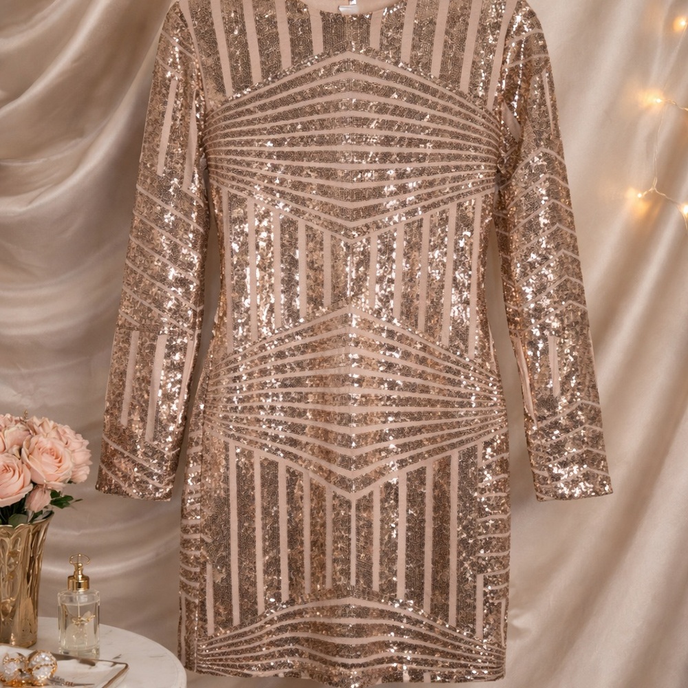 Metallic Rose Gold Sequin Long Sleeve Dress
